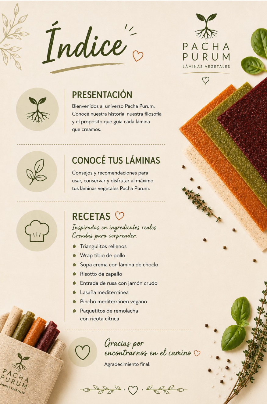 Índice del recetario Pacha Purum con láminas vegetales