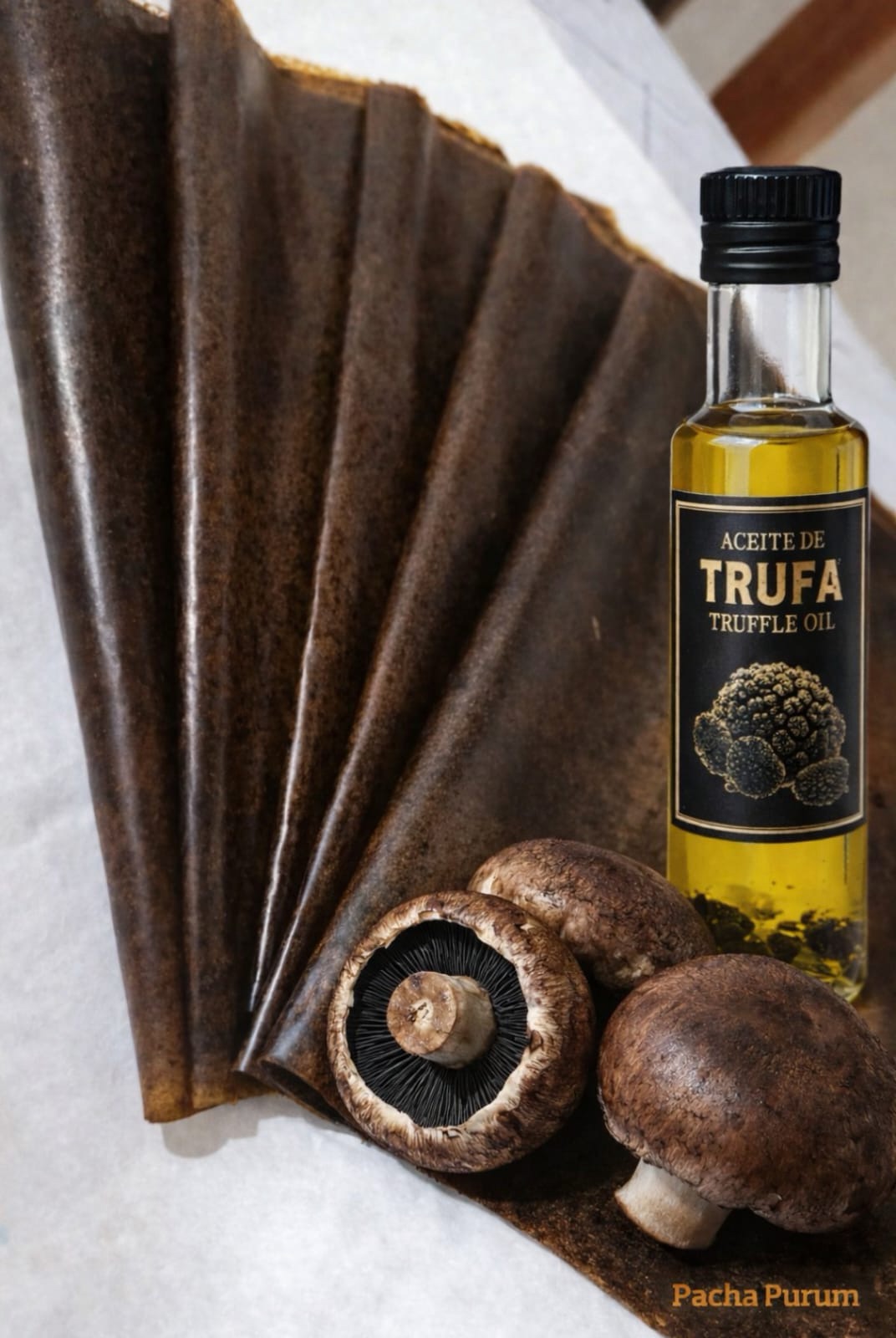 Láminas de portobellos y aceite de trufas Pacha Purum